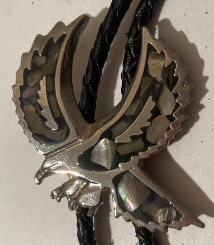 Vintage Metal Bolo Tie, Sterling Silver, Eagle, Abalone Shell, Bird, Nature,