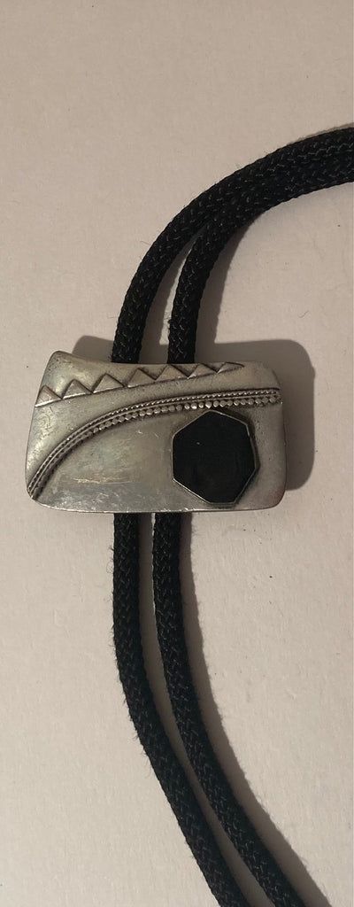 Vintage Metal Bolo Tie, Silver with Black Enamel, Nice Native Design, 2" x 1 1/4", Nice Design, Quality, Heavy Duty, Made in USA, Country & Western, Cowboy, Western Wear, Horse, Apparel, Accessory, Tie, Nice Quality Fashion