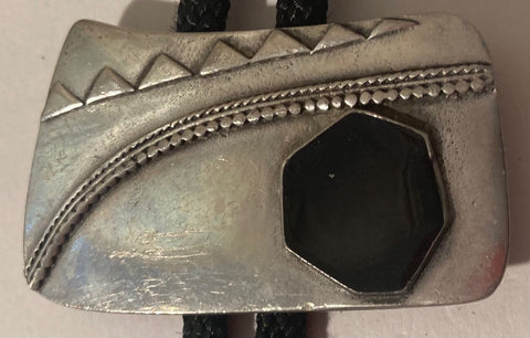 Vintage Metal Bolo Tie, Silver with Black Enamel, Nice Native Design, 2" x 1 1/4", Nice Design, Quality, Heavy Duty, Made in USA, Country & Western, Cowboy, Western Wear, Horse, Apparel, Accessory, Tie, Nice Quality Fashion
