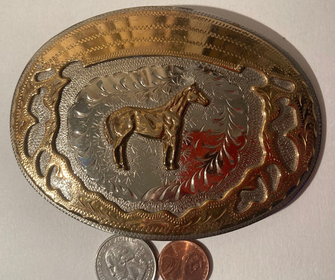 Vintage Metal Belt Buckle, Silver and Brass, Horse, Wil-Aren Original, Nice Western Style Design, 4 1/2" x 3 1/4", Heavy Duty, Quality, Thick Metal, Made in USA, For Belts, Fashion, Shelf Display, Western Wear, Southwest, Country, Fun, Nice