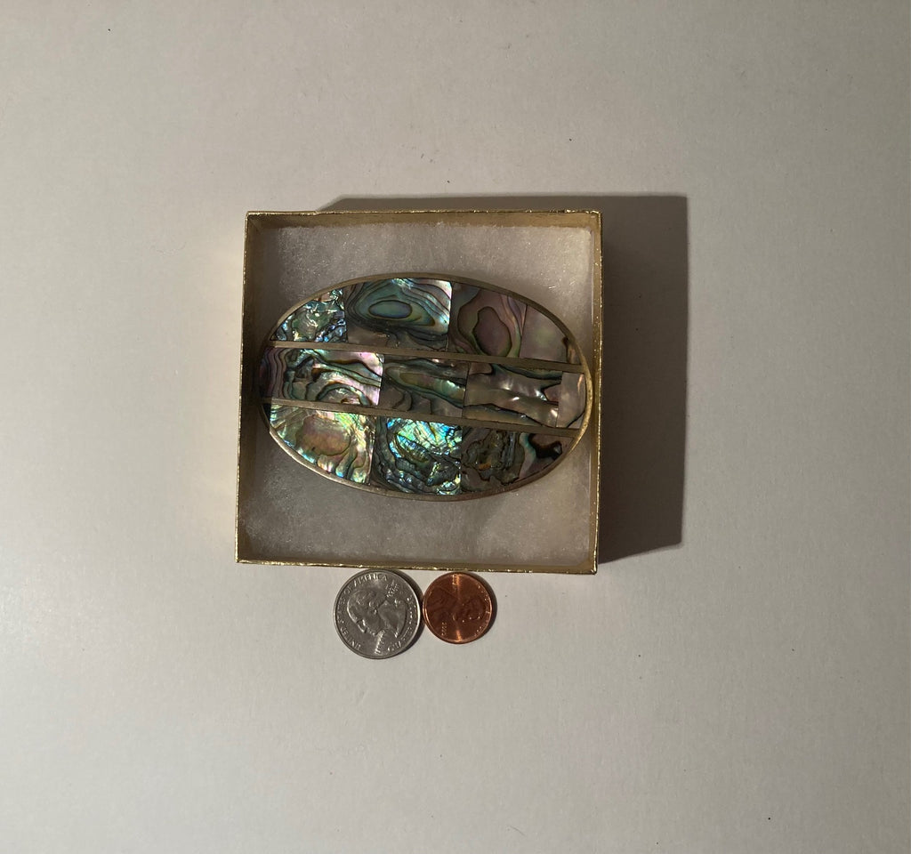 Vintage Metal Belt Buckle, Silver and Abalone Shell, Nice, Western Style Design, 3 1/2" x 2 1/4", Heavy Duty, Quality, Thick Metal, Made in Mexico, For Belts, Fashion, Shelf Display, Western Wear, Southwest, Country, Fun, Nice