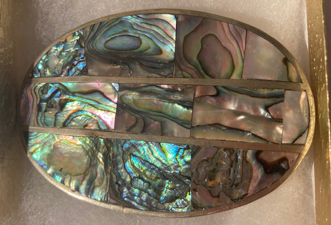 Vintage Metal Belt Buckle, Silver and Abalone Shell, Nice, Western Style Design, 3 1/2" x 2 1/4", Heavy Duty, Quality, Thick Metal, Made in Mexico, For Belts, Fashion, Shelf Display, Western Wear, Southwest, Country, Fun, Nice