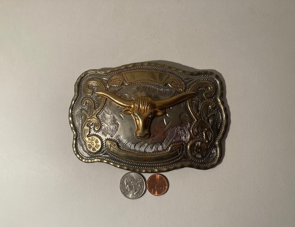 Vintage Metal Belt Buckle, Longhorn, Steer, Cattle, Nice, Western Style Design, 5 1/2" x 3 3/4", Heavy Duty, Quality, Thick Metal, Made in USA, For Belts, Fashion, Shelf Display, Western Wear, Southwest, Country, Fun, Nice,