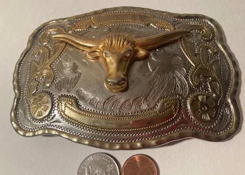 Vintage Metal Belt Buckle, Longhorn, Steer, Cattle, Nice, Western Style Design, 5 1/2" x 3 3/4", Heavy Duty, Quality, Thick Metal, Made in USA, For Belts, Fashion, Shelf Display, Western Wear, Southwest, Country, Fun, Nice,