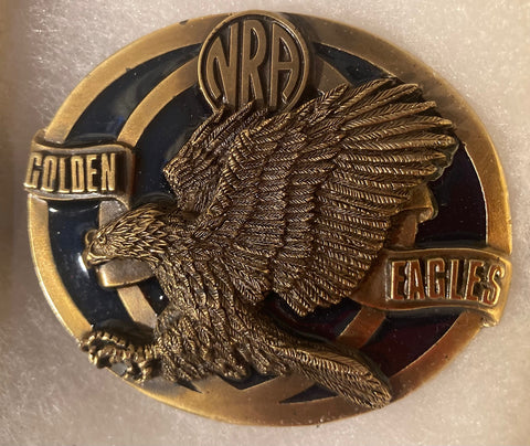 Vintage Metal Belt Buckle, NRA, Golden Eagles, National Rifle Association, 2nd Amendment, Nice Western Style Design, 3" x 2 1/2", Heavy Duty, Quality, Thick Metal, Made in USA, For Belts, Fashion, Shelf Display, Western Wear, Southwest, Country, Fun, Nice