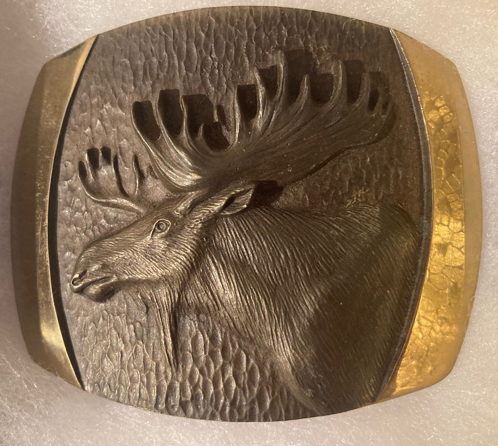 Vintage 1978 Metal Belt Buckle, Solid Bronze, Moose, Nature, Wildlife, Crafted By Shallizar, Nice Western Style Design, 3 1/4" x 2 1/2", Heavy Duty, Quality, Thick Metal, Made in USA, For Belts, Fashion, Shelf Display