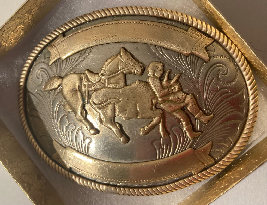 Vintage Metal Belt Buckle, German Silver, Cow Wrestling, Rodeo, Nice Western Style Design, 3 3/4" x 2 3/4", Heavy Duty, Quality, Thick Metal, Made in USA, For Belts, Fashion, Shelf Display, Western Wear, Southwest, Country, Fun, Nice