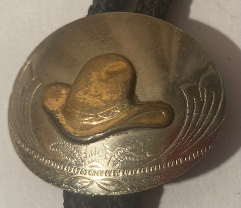 Vintage Metal Bolo Tie, Silver and Brass Older Cowboy Hat Design, Native Design, Nice Western Design, 1 1/2" x 1 1/4", Quality, Heavy Duty, Made in USA, Country & Western, Cowboy, Western Wear, Horse, Apparel, Accessory, Tie, Nice Quality Fashion,