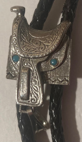 Vintage Metal Bolo Tie, Silver with Nice Horse Saddle Design, Native Design, Nice Western Design, 1 3/4" x 1", Quality, Heavy Duty, Made in USA, Country & Western, Cowboy, Western Wear, Horse, Apparel, Accessory, Tie, Nice Quality Fashion