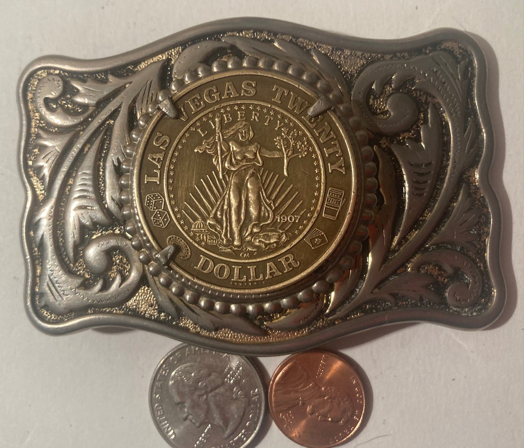 Vintage Metal Belt Buckle, Las Vegas Twenty Dollar Coin, Chip, Token,  Nice Western Style Design, 3 1/2" x 2 1/2", Heavy Duty, Quality, Thick Metal, For Belts, Fashion, Shelf Display, Western Wear, Southwest, Country, Fun, Nice