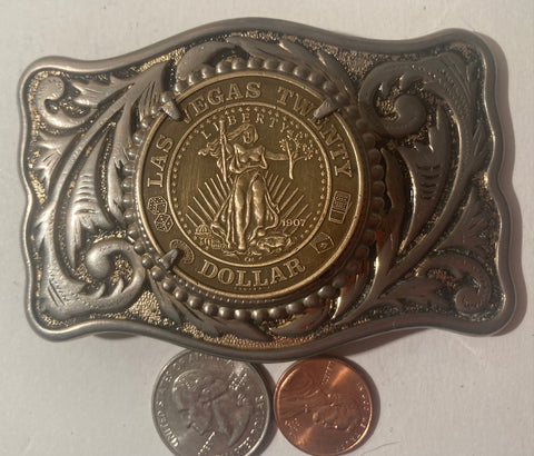 Vintage Metal Belt Buckle, Las Vegas Twenty Dollar Coin, Chip, Token,  Nice Western Style Design, 3 1/2" x 2 1/2", Heavy Duty, Quality, Thick Metal, For Belts, Fashion, Shelf Display, Western Wear, Southwest, Country, Fun, Nice