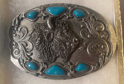 Vintage 1992 Metal Belt Buckle, Buffalo, Bison, Wildlife, Blue Enamel,  Nice Western Style Design, 3 1/2" x 2 1/4", Heavy Duty, Quality, Made In USA, Thick Metal, For Belts, Fashion, Shelf Display, Western Wear, Southwest, Country, Fun, Nice