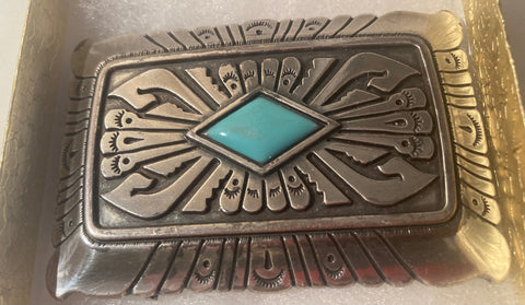 Vintage Metal Belt Buckle, Nice Blue Stone Design, Nice Western Style Design, 3 1/4" x 2 1/4", Heavy Duty, Quality, Thick Metal, Made in USA, For Belts, Fashion, Shelf Display, Western Wear, Southwest, Country, Fun, Nice,