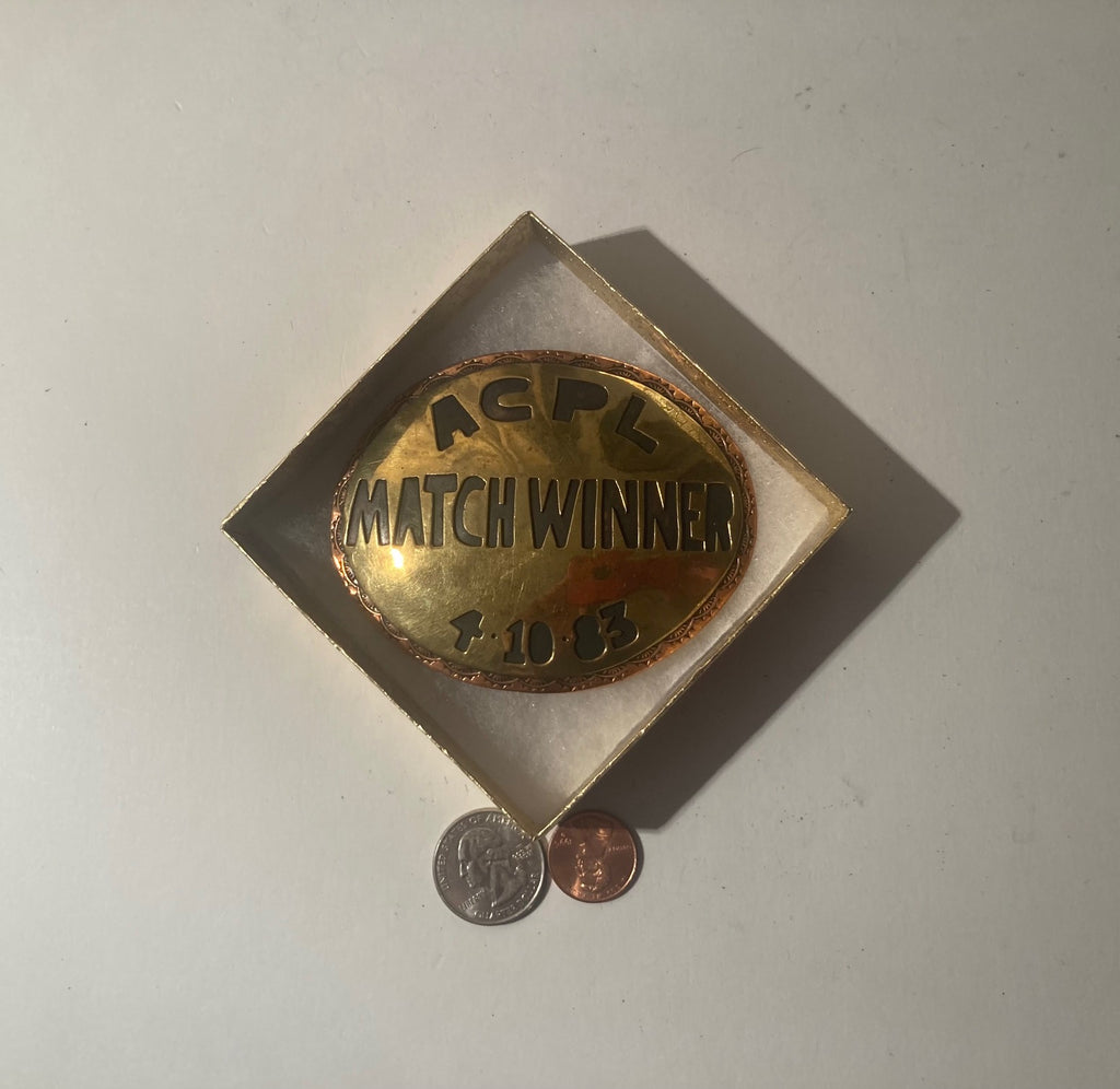 Vintage 1983 Metal Belt Buckle, ACPL Match Winner, Copper and Brass, Rodeo, Horse, Nice Western Style Design, 3 1/2" x 3", Heavy Duty, Quality, Thick Metal, Made in USA, For Belts, Fashion, Shelf Display, Western Wear, Southwest, Country, Fun, Nice