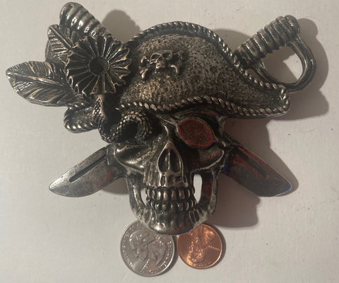 Vintage Metal Belt Buckle, Pirate with Swords, Kippys, Nice Western Style Design, 4 1/2" x 3 1/2", Heavy Duty, Quality, Thick Metal, Made in Italy, For Belts, Fashion, Shelf Display, Western Wear, Southwest, Country, Fun, Nice,