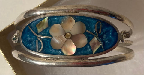 Vintage Metal Bracelet, Alpaca Silver with Nice Abalone Design, Blue, 2 1/4" Wide, Bendable A Bit If Needed, Quality, Nice Western Design, Heavy Duty, Made in Mexico, Country and Western, Western Wear, Apparel, Accessory, Nice Quality Fashion,