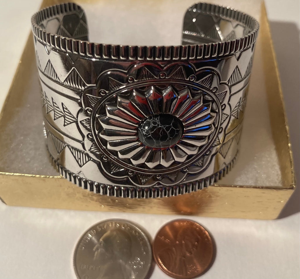 Vintage Metal Bracelet, Silver with Nice Black Stone Design, 2 1/2" Wide, Bendable A Bit If Needed, Quality, Nice Western Design, Heavy Duty, Made in USA, Country and Western, Western Wear, Apparel, Accessory, Nice Quality Fashion