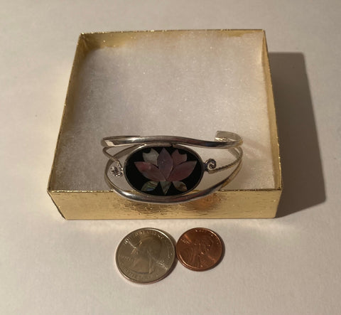 Vintage Metal Bracelet, Alpaca Silver with Nice Abalone Design, Black, 2 1/4" Wide, Bendable A Bit If Needed, Quality, Nice Western Design, Heavy Duty, Made in Mexico, Country and Western, Western Wear, Apparel, Accessory, Nice Quality Fashion