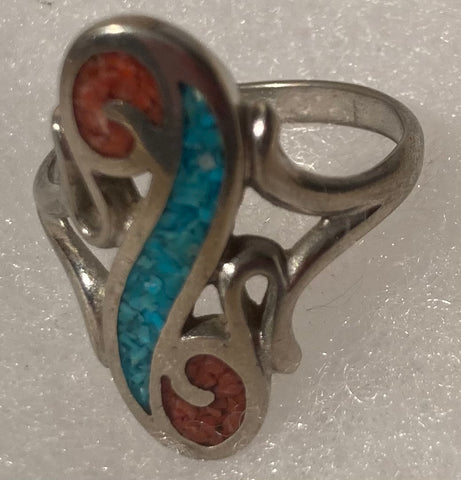 Vintage Sterling Silver Ring, 925, Nice Blue and Red Turquoise and Silver, Size 9, Nice Design, Jewelry, Fashion, Finger Fun, Quality, Unique Design