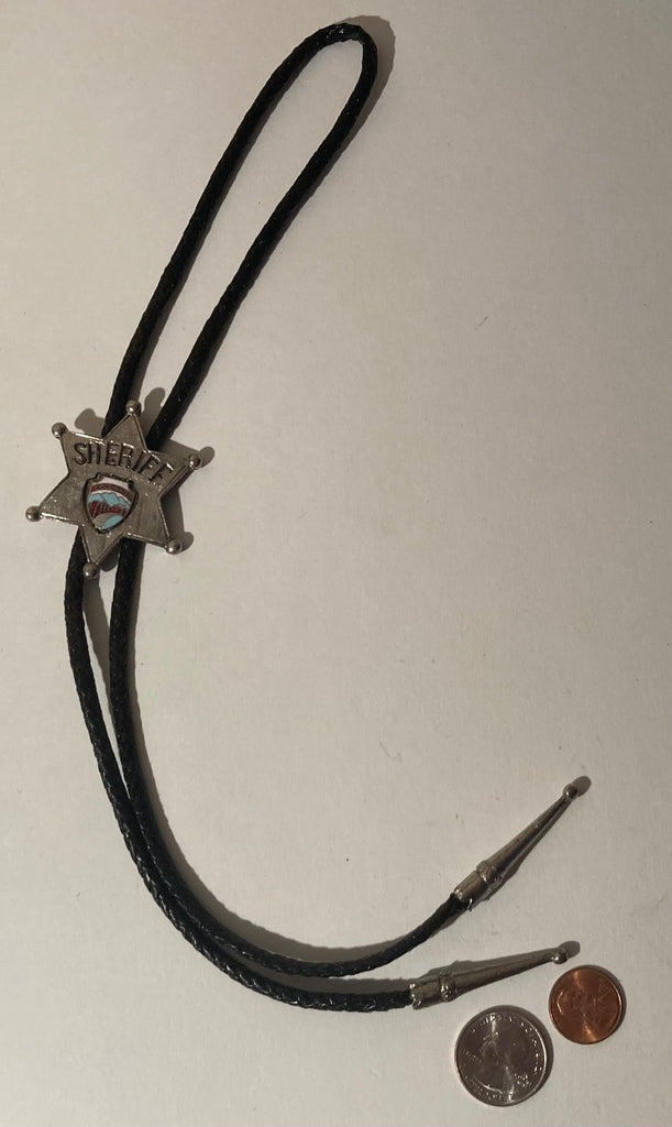 Vintage Metal Bolo Tie, Silver, Sheriff, Police, Badge, Colorado, Nice Western Design, 2" x 2", Quality, Heavy Duty, Made in USA, Country & Western, Cowboy, Western Wear, Horse, Apparel, Accessory, Tie, Nice Quality Fashion
