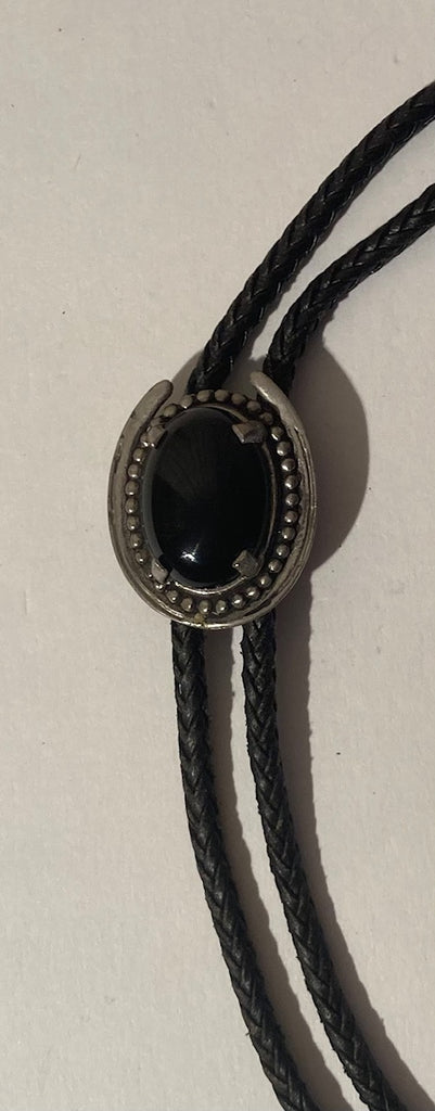 Vintage Metal Bolo Tie, Silver with Nice Black Onyx Stone, Horseshoe, Nice Western Design, 1 1/2" x 1 1/4", Quality, Heavy Duty, Made in USA, Country & Western, Cowboy, Western Wear, Horse, Apparel, Accessory, Tie, Nice Quality Fashion