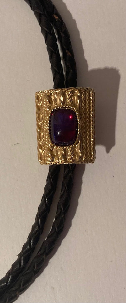 Vintage Metal Bolo Tie, Brass with Nice Red Stone Design, Nice Western Design, 1 1/4" x 1", Quality, Heavy Duty, Made in USA, Country & Western, Cowboy, Western Wear, Horse, Apparel, Accessory, Tie, Nice Quality Fashion