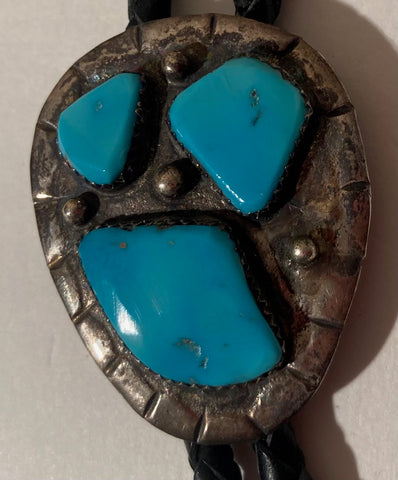 Vintage Metal Bolo Tie, Silver with Nice Turquoise Stones Design, Nice Western Design, 1 1/2" x 1 1/4", Quality, Heavy Duty, Made in USA, Country & Western, Cowboy, Western Wear, Horse, Apparel, Accessory, Tie, Nice Quality Fashion,