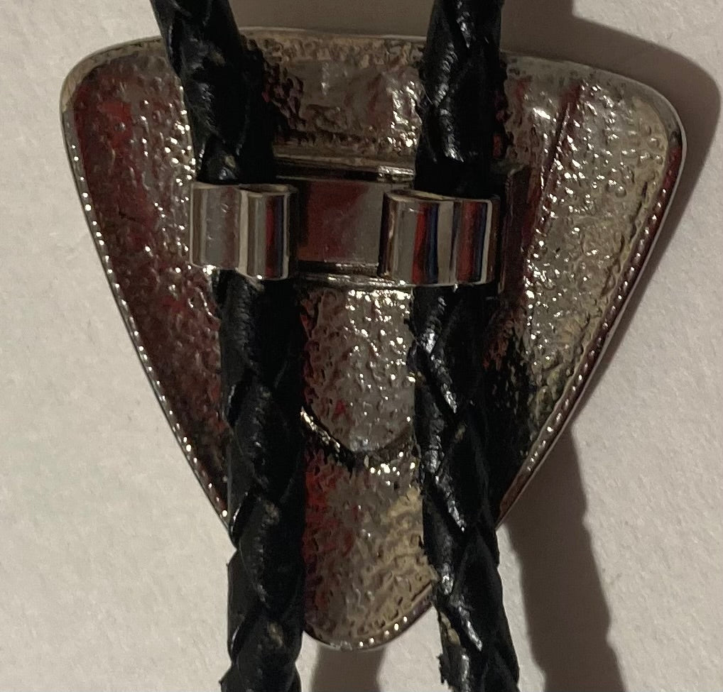 Vintage Metal Bolo Tie, Silver, with Nice Black Stone, Nice Western Design, 1 1/2" x 1 1/4", Quality, Heavy Duty, Made in USA, Country & Western, Cowboy, Western Wear, Horse, Apparel, Accessory, Tie, Nice Quality Fashion