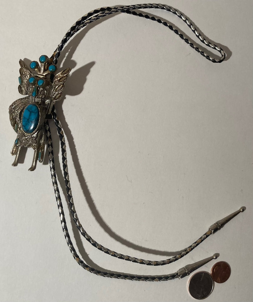 Vintage Metal Bolo Tie, Silver and Turquoise, Native Design, Hand Crafted, Nice Western Design, 3 1/2" x 1 1/4", Quality, Heavy Duty, Made in USA, Country & Western, Cowboy, Western Wear, Horse, Apparel, Accessory, Tie, Nice Quality Fashion