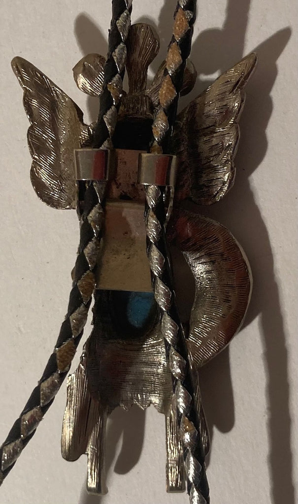 Vintage Metal Bolo Tie, Silver and Turquoise, Native Design, Hand Crafted, Nice Western Design, 3 1/2" x 1 1/4", Quality, Heavy Duty, Made in USA, Country & Western, Cowboy, Western Wear, Horse, Apparel, Accessory, Tie, Nice Quality Fashion
