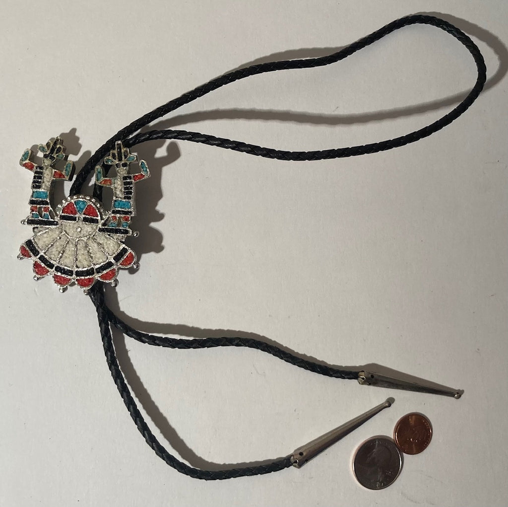 Vintage Metal Bolo Tie, Silver with Nice Crushed Jewels Design, Native Design, Nice Western Design, 2 1/2" x 2", Quality, Heavy Duty, Made in USA, Country & Western, Cowboy, Western Wear, Horse, Apparel, Accessory, Tie, Nice Quality Fashion,