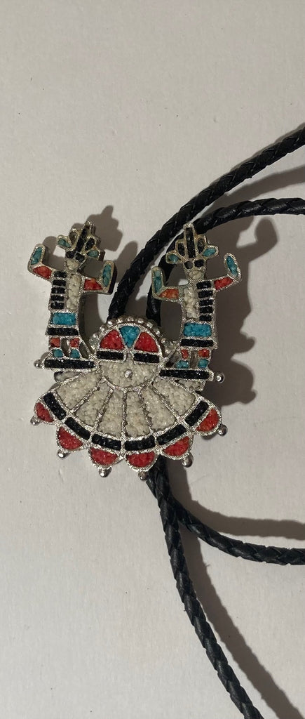 Vintage Metal Bolo Tie, Silver with Nice Crushed Jewels Design, Native Design, Nice Western Design, 2 1/2" x 2", Quality, Heavy Duty, Made in USA, Country & Western, Cowboy, Western Wear, Horse, Apparel, Accessory, Tie, Nice Quality Fashion,