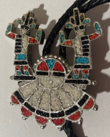 Vintage Metal Bolo Tie, Silver with Nice Crushed Jewels Design, Native Design, Nice Western Design, 2 1/2" x 2", Quality, Heavy Duty, Made in USA, Country & Western, Cowboy, Western Wear, Horse, Apparel, Accessory, Tie, Nice Quality Fashion,