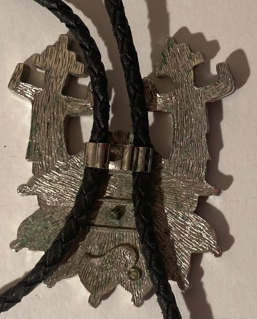 Vintage Metal Bolo Tie, Silver with Nice Crushed Jewels Design, Native Design, Nice Western Design, 2 1/2" x 2", Quality, Heavy Duty, Made in USA, Country & Western, Cowboy, Western Wear, Horse, Apparel, Accessory, Tie, Nice Quality Fashion,