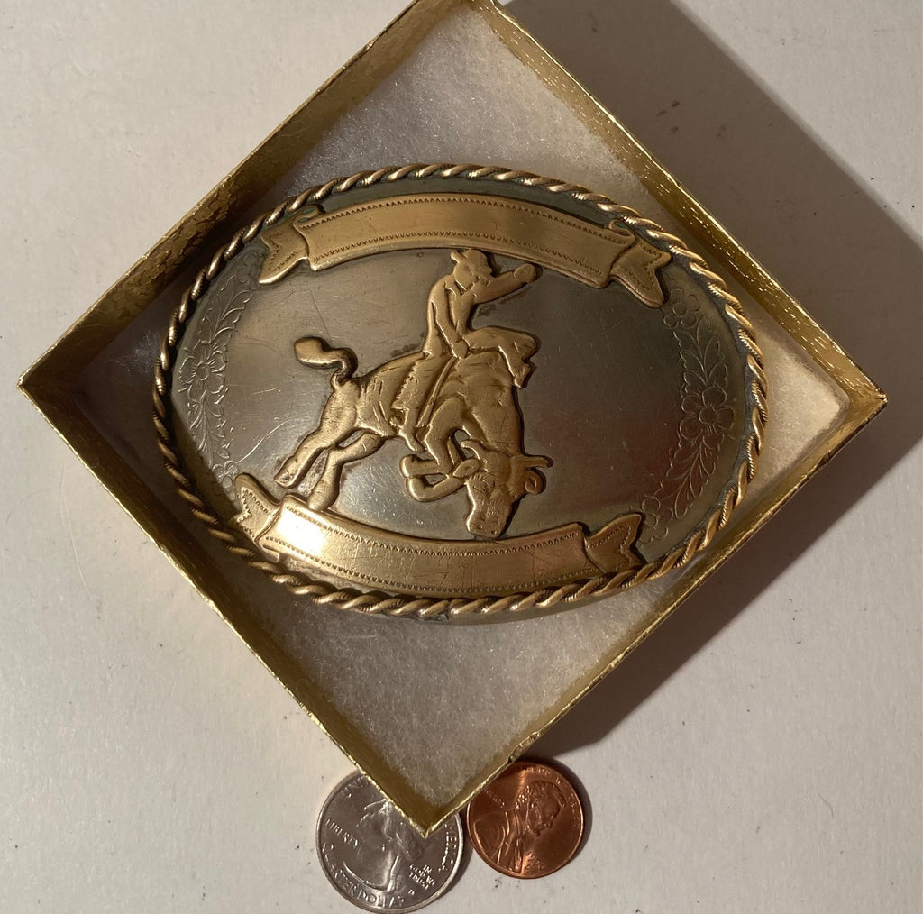 Vintage Metal Belt Buckle, Nickel Silver and Brass, Bull Riding, Nice Western Style Design, 3 3/4" x 2 3/4", Heavy Duty, Quality, Thick Metal, Made in USA, For Belts, Fashion, Shelf Display, Western Wear, Southwest, Country, Fun, Nice,