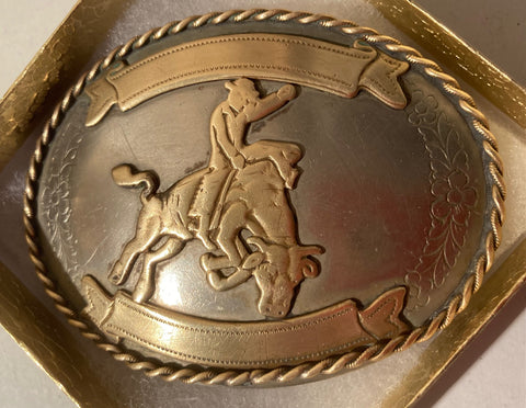 Vintage Metal Belt Buckle, Nickel Silver and Brass, Bull Riding, Nice Western Style Design, 3 3/4" x 2 3/4", Heavy Duty, Quality, Thick Metal, Made in USA, For Belts, Fashion, Shelf Display, Western Wear, Southwest, Country, Fun, Nice,