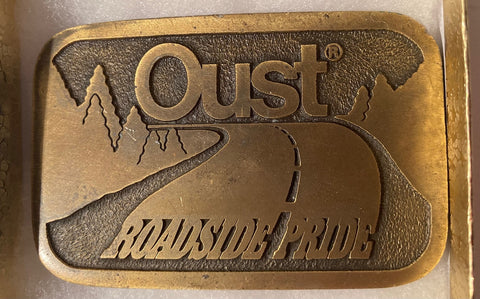 Vintage Metal Belt Buckle, Brass, Oust Roadside Pride, Nice Western Style Design, 3 1/4" x 2", Heavy Duty, Quality, Thick Metal, Made in USA, For Belts, Fashion, Shelf Display, Western Wear, Southwest, Country, Fun, Nice