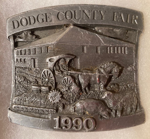 Vintage 1990 Metal Belt Buckle, Dodge County Fair, Iowa, Nice Western Style Design, 2 1/2" x 2 1/4", Heavy Duty, Quality, Thick Metal, Made in USA, For Belts, Fashion, Shelf Display, Western Wear, Southwest, Country, Fun, Nice