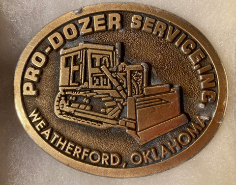 Vintage Metal Belt Buckle, Brass, Pro-Dozer Service, Inc, Weatherford, Oklahoma, Nice Western Style Design, 3" x 2 1/2", Heavy Duty, Quality, Thick Metal, Made in USA, For Belts, Fashion, Shelf Display, Western Wear, Southwest, Country, Fun, Nice