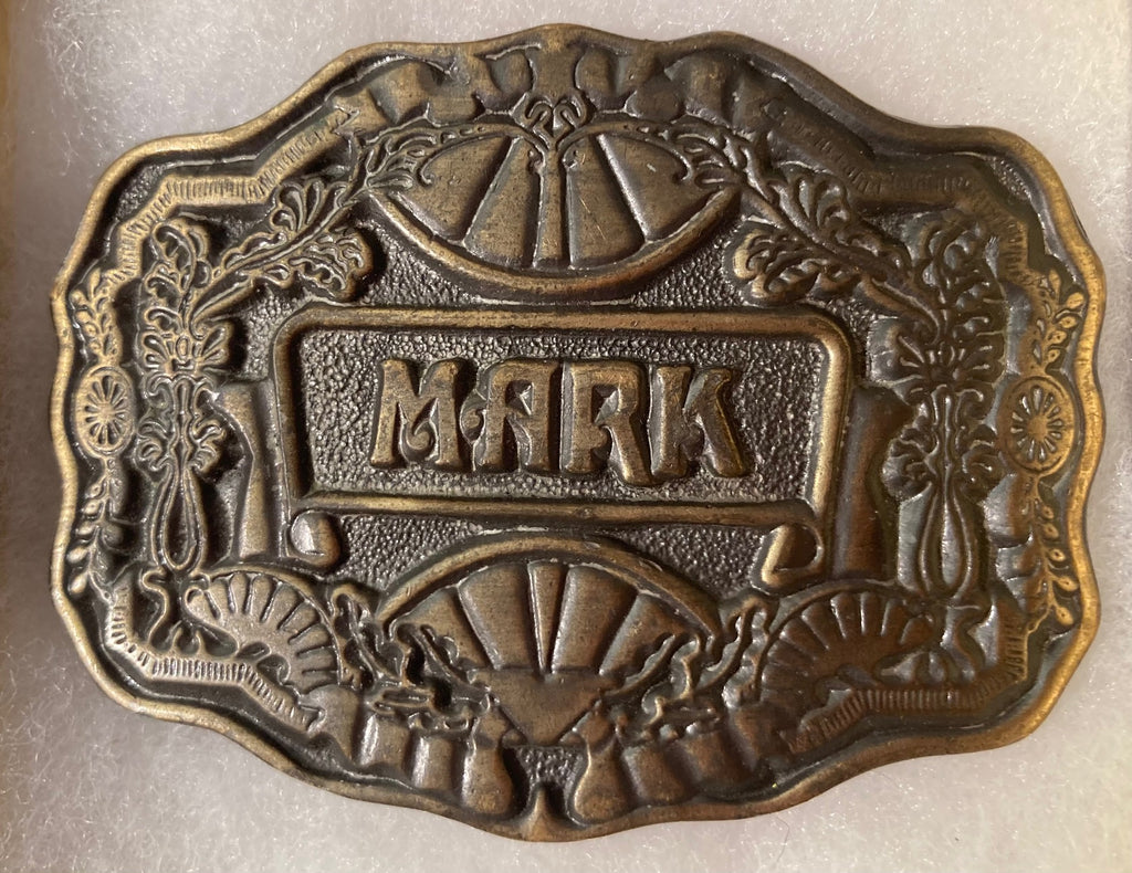 Vintage Metal Belt Buckle, Brass, Mark, Nice Western Style Design, 3" x 2 1/4", Heavy Duty, Quality, Thick Metal, Made in USA, For Belts, Fashion, Shelf Display, Western Wear, Southwest, Country, Fun, Nice