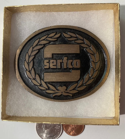 Vintage Metal Belt Buckle, Brass, Serfco, Nice Western Style Design, 3 1/4" x 2 1/2", Heavy Duty, Quality, Thick Metal, Made in USA, For Belts, Fashion, Shelf Display, Western Wear, Southwest, Country, Fun, Nice,