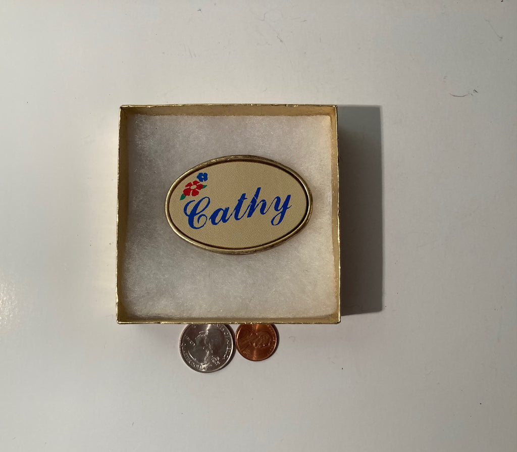 Vintage Metal Belt Buckle, Brass, Cathy, Nice Western Style Design, 2 1/2" x 1 1/2", Heavy Duty, Quality, Thick Metal, Made in USA, For Belts, Fashion, Shelf Display, Western Wear, Southwest, Country, Fun, Nice