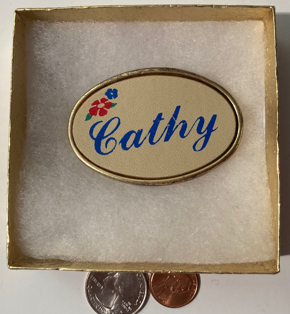 Vintage Metal Belt Buckle, Brass, Cathy, Nice Western Style Design, 2 1/2" x 1 1/2", Heavy Duty, Quality, Thick Metal, Made in USA, For Belts, Fashion, Shelf Display, Western Wear, Southwest, Country, Fun, Nice