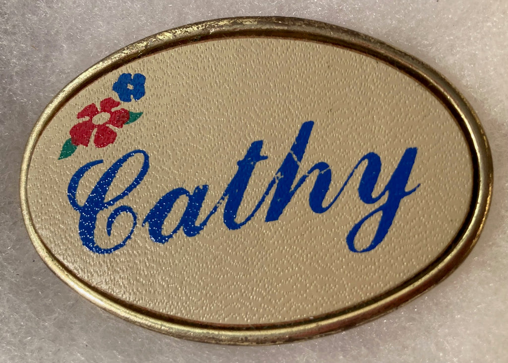 Vintage Metal Belt Buckle, Brass, Cathy, Nice Western Style Design, 2 1/2" x 1 1/2", Heavy Duty, Quality, Thick Metal, Made in USA, For Belts, Fashion, Shelf Display, Western Wear, Southwest, Country, Fun, Nice
