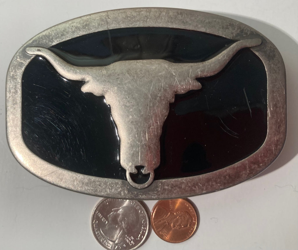 Vintage Metal Belt Buckle, Pewter and Black Enamel Bull, Longhorn, Cattle, Nice Western Style Design, 4 1/4" x 2 3/4", Heavy Duty, Quality, Thick Metal, Made in USA, For Belts, Fashion, Shelf Display, Western Wear, Southwest, Country, Fun, Nice,