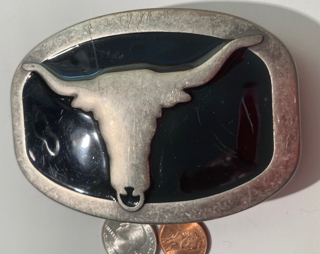 Vintage Metal Belt Buckle, Pewter and Black Enamel Bull, Longhorn, Cattle, Nice Western Style Design, 4 1/4" x 2 3/4", Heavy Duty, Quality, Thick Metal, Made in USA, For Belts, Fashion, Shelf Display, Western Wear, Southwest, Country, Fun, Nice,