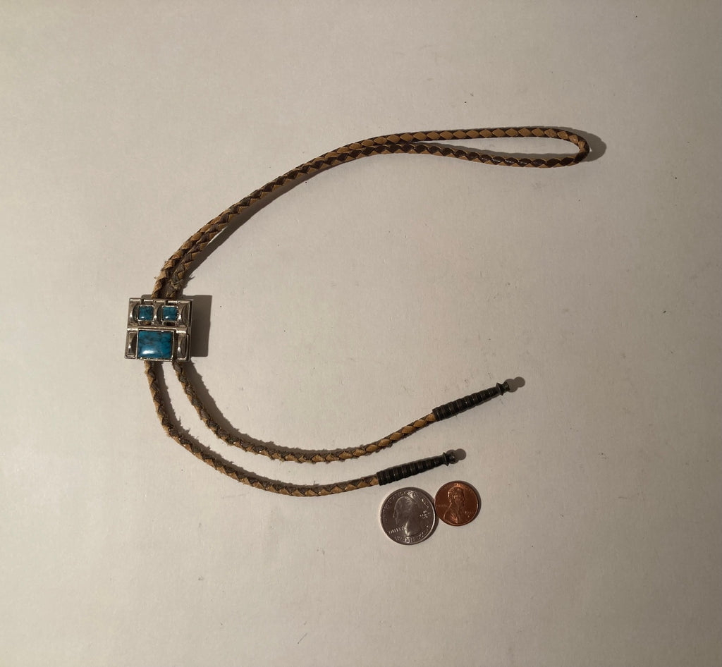 Vintage Metal Bolo Tie, Silver with Nice Turquoise Stones Design, Native Design, Nice Western Design, 1" x 1 1/8", Quality, Heavy Duty, Made in USA, Country & Western, Cowboy, Western Wear, Horse, Apparel, Accessory, Tie, Nice Quality Fashion,