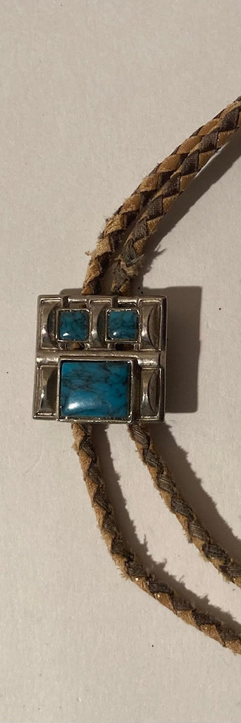 Vintage Metal Bolo Tie, Silver with Nice Turquoise Stones Design, Native Design, Nice Western Design, 1" x 1 1/8", Quality, Heavy Duty, Made in USA, Country & Western, Cowboy, Western Wear, Horse, Apparel, Accessory, Tie, Nice Quality Fashion,