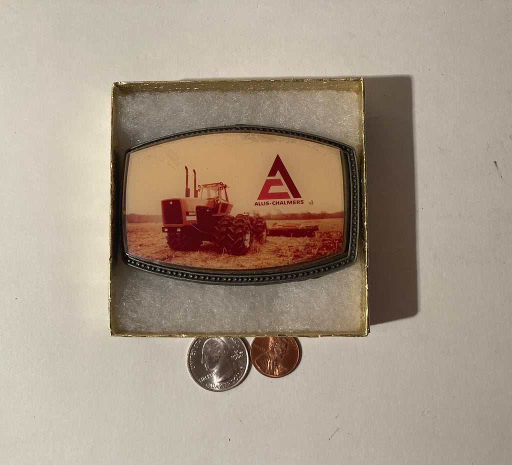 Vintage Metal Belt Buckle, Allis Chalmers, Tractor, AG, Nice Western Style Design, 3 1/2" x 2 1/4", Heavy Duty, Quality, Thick Metal, Made in USA, For Belts, Fashion, Shelf Display, Western Wear, Southwest, Country, Fun, Nice