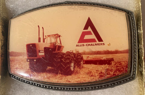 Vintage Metal Belt Buckle, Allis Chalmers, Tractor, AG, Nice Western Style Design, 3 1/2" x 2 1/4", Heavy Duty, Quality, Thick Metal, Made in USA, For Belts, Fashion, Shelf Display, Western Wear, Southwest, Country, Fun, Nice